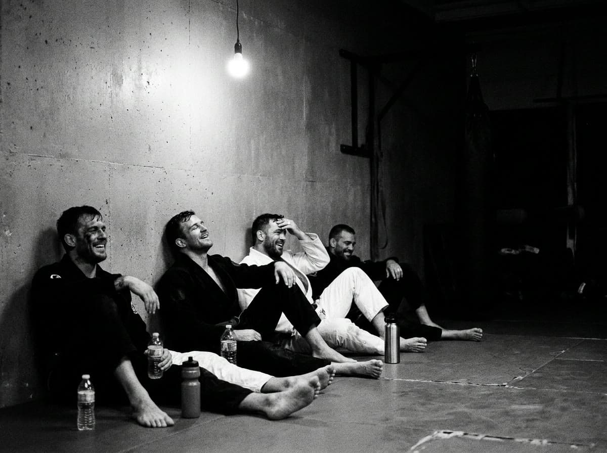 Training partners laughing on the mats after class