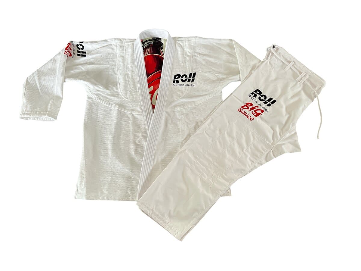 Big Sauce gi in white, jacket and pants laid flat