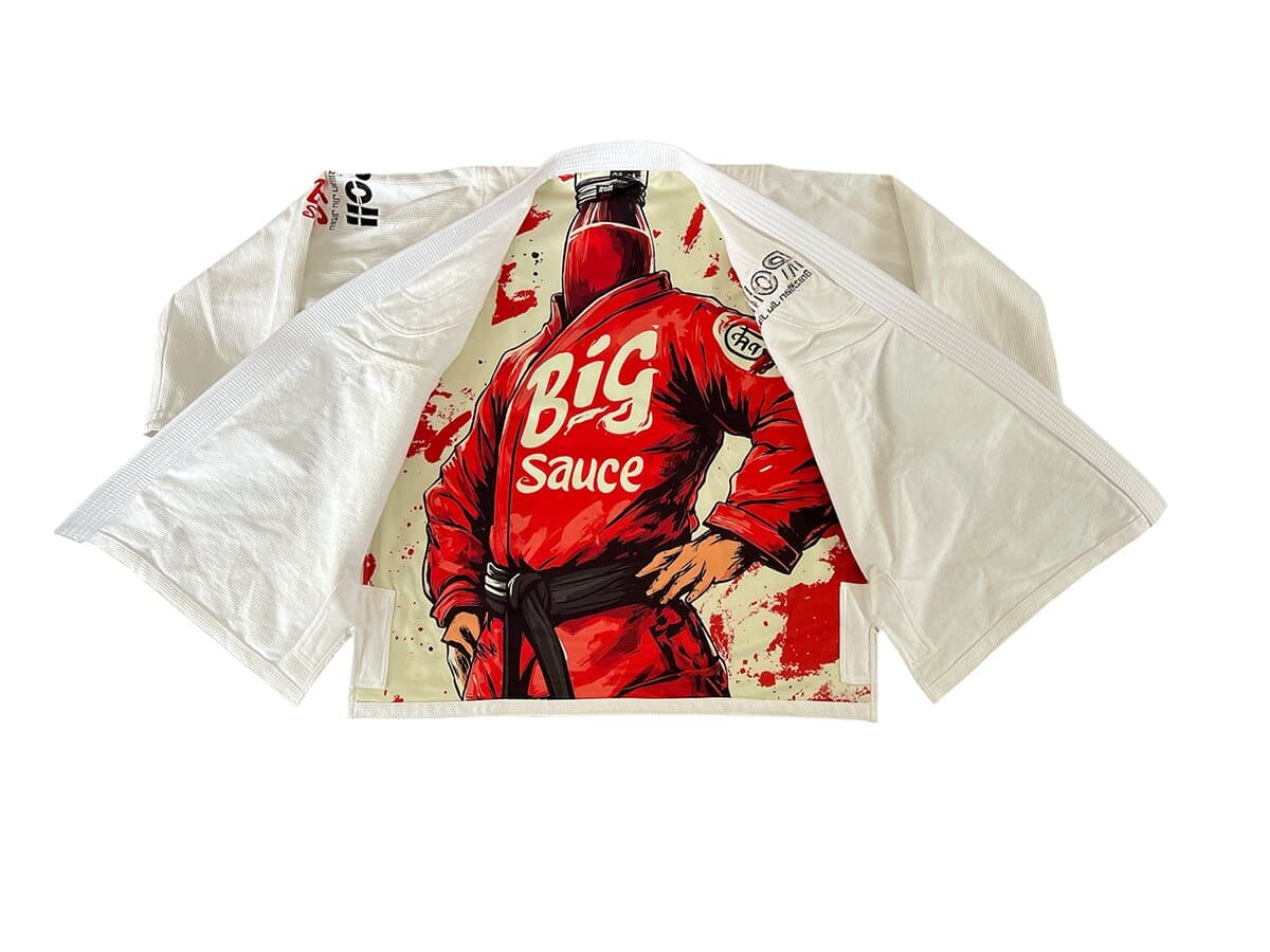 Big Sauce gi in white, held open to show the Big Sauce liner